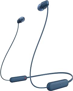 Căști Sony wireless WI-C100 in-ear (autonomie până la 25 de ore, optimizate pentru asistenți vocali, microfon integrat pentru apeluri telefonice, Bluetooth), albastru, mici