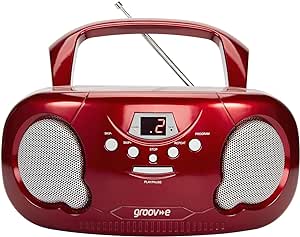 Groov-e GVPS733/RD CD player portabil cu radio AM/FM, intrare AUX 3.5 mm, mufă pentru căști, afișaj LED, roșu, 21 x 23 x 10 cm