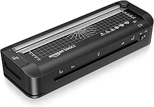 Amazon Basics 3-in-1 laminator termic pentru dimensiuni A4, cu funcții de tăiere, perforare și rotunjire a colțurilor, incl. 10 manșoane, mufă UE, negru