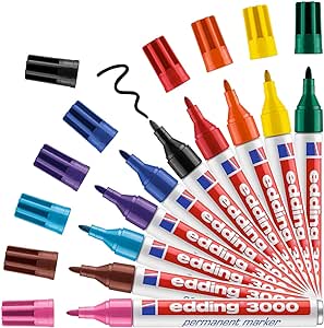 edding 3000 marker permanent - 10 stilouri în suport - vârf rotund 1.5-3 mm - marker permanent cu uscare rapidă - rezistent la apă, rezistent la pete - pentru carton, plastic, lemn, metal - marker universal