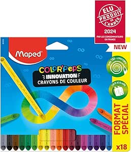 Maped - Creioane colorate Color'Peps Infinity - 100% plumb, 100% utilizabil - fără deșeuri - fără tăiere - durează foarte mult timp - formă triunghiulară ergonomică - pungă de 18 creioane