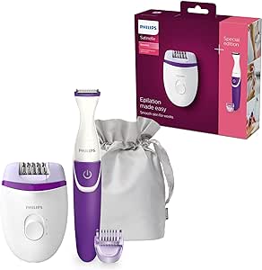 Kit de epilare corporală Philips cu 4 accesorii - Epilator electric, aparat de tuns bikini, accesoriu de 3 mm și model de lux cu husă (BRP505/00)