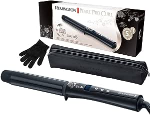 Remington Curling Iron Large Curls [32mm] Pearl Digital (strat ceramic cu perle reale) Afișaj LCD 130-210°C, inclusiv mănușă termică, ondulează delicat părul fin până la puternic, negru, CI9533