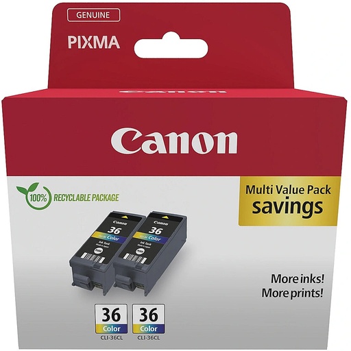 Canon CLI-36, cartuş de cerneală original, pachet multiplu, 2 cartuşe de cerneală independente, cyan, magenta, galben, tricolor, compatibil cu imprimantele cu jet de cerneală PIXMA