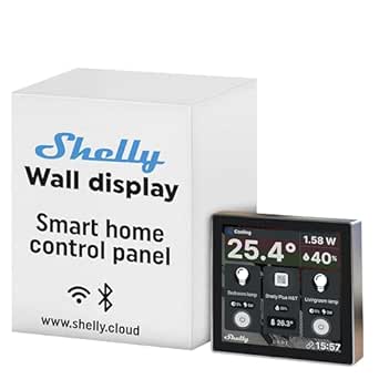 Shelly Wall Display Negru | Panou de control WLAN & Bluetooth cu întrerupător integrat de 5 A și afișaj color | Automatizare locuințe | Monitorizare performanță | Aplicație iOS Android | Senzori de umiditate LUX