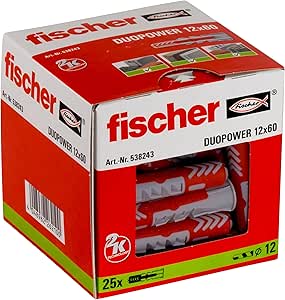 fischer DuoPower 12 x 60, fișă universală, fișă de înaltă performanță cu 2 componente, fișă din plastic pentru fixare în beton, cărămidă, piatră, gips-carton și multe altele, fără șuruburi, 25 bucăți