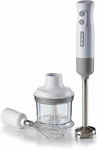 Ariete Breakfast 606 blender de mână cu tocător, mini blender de mână cu 2 viteze, lamă din oțel inoxidabil, suport detașabil, recipient de măsurare transparent, 700W, alb