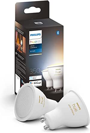 Lampă Philips Hue White Ambiance GU10 pachet dublu 2x250lm, reglabilă, toate nuanțele de alb, controlabilă prin aplicație, compatibilă cu Amazon Alexa (Echo, Echo Dot)