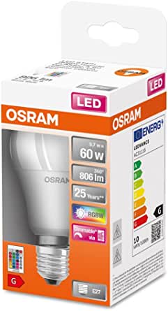 Lampă LED OSRAM STAR+ RGBW cu LED cu soclu E27, culori RGB schimbabile prin telecomandă, 9,7 W, formă clasică de bec, înlocuitor pentru becul de 60 W, mată, lămpi LED Retrofit RGBW cu telecomandă, pachet unic